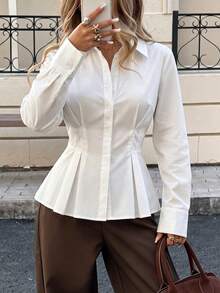 Women's Early Autumn Fashion Casual Slim Fit White Long Sleeve Blouse, Versatile, Suitable For Dating, Office Commute, Daily Wear - White - View 9