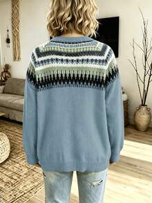 Women's Long Sleeve Geometric Pattern Crew Neck Sweater, Autumn/Winter - Dusty Blue - View 5