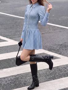 Women's Elegant Plaid Shirt Short Dress, Collared Long Sleeve Ruched Cinched Waist A-Line Skirt, Suitable For Daily Outings And Commuting - Baby Blue - View 10