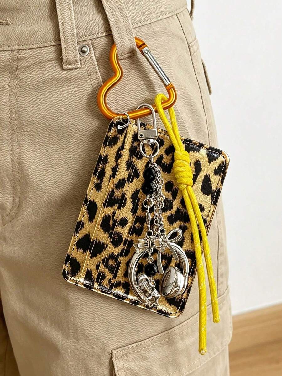 Leopard Print PU Multi‑Slot Card Holder With Earphone Pendant And Lanyards,Stylish Card Holder Keychain,Y2k Id Card Sleeve,Credit Card Pouch,Bag Decor - Multicolor - View 1