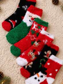 6 Pairs Random Kids Christmas Half-Fleece Mid-Calf Socks, Multiple Cartoon Snowman & Reindeer Patterns, Thickened Warm Soft Skin-Friendly Winter Home Sleep Socks For Boys & Girls - Multicolor - View 1
