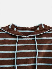 Women's Fall Winter New Arrival Round Neck Drop Shoulder Retro Colorblock Striped Hoodie, Casual Loose-Fitting Knit Sweater With Drawstring - Blue - View 6