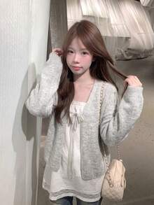 Women's Loose Tie-Front Cardigan Sweater Jacket, Autumn - Gray - View 2