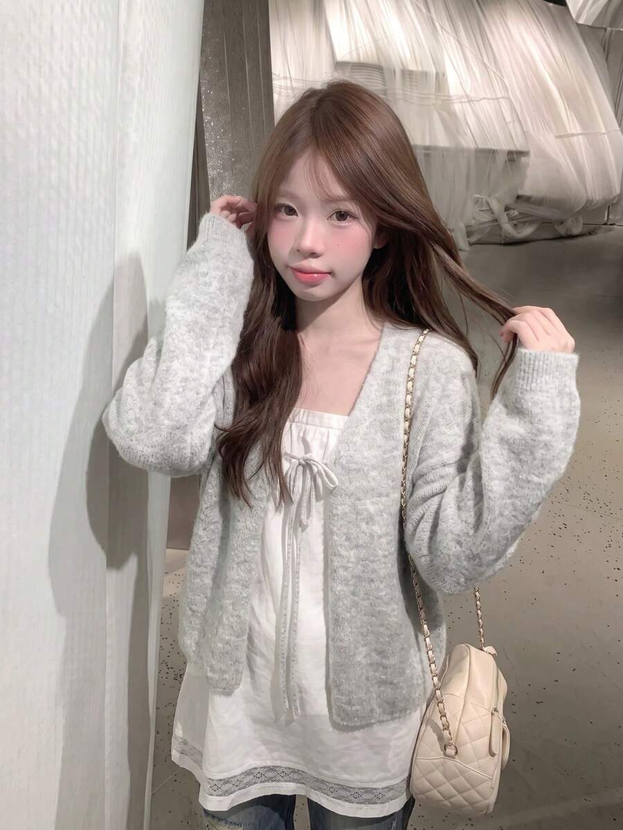 Women's Loose Tie-Front Cardigan Sweater Jacket, Autumn