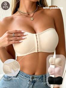 3pcs Women's Strapless Wireless Push-Up Bandeau Bra, Non-Slip Back Closure Comfortable Casual Daily Wear - Multicolor - View 4