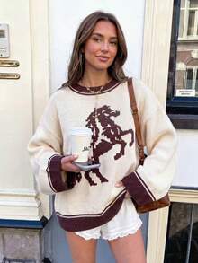 Autumn/Winter New Women's Fashion Loose Casual Vintage Contrast Color Horse Pattern Jacquard Halloween Date Sweater, Graphic Sweater, Animal Print Basic Tops, Going Out Tops, Fall Women Clothes, Y2K, Saudi National Day, Back To School, Country - Mika - View 3