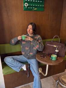 Women's Cute Floral Button Front Cardigan, Soft Fuzzy Short Sweater Suitable For Coffee Dates, Weekends And Christmas Outfits - Black - View 6
