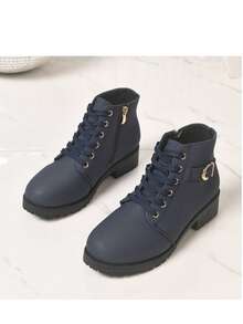 Navy Blue Chunky Heel Ankle Boots For Women, Lace-Up Side Zipper Buckle Thick Sole Anti-Slip Commuter Boots - Navy Blue - View 2