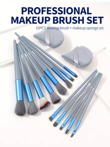 15pcs Professional Full Makeup Brush Set, Including 2 Triangle Powder Puffs, Soft Bristle Powder Brush, Foundation Brush, Eyeshadow Brush, Blush Brush, Highlighter Brush, Concealer Brush, Home And Travel Makeup Tools - Dusty Blue - View 3