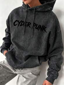 Men's Dark Gray Washed Distressed Cyberpunk Wolf Print Hoodie, Cartoon Loose Streetwear Pullover - Dark Grey - View 3
