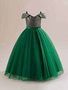 Tween Girls V-Neck Sequin Mesh Elegant Party Dress Suitable For Evening Party, Birthday, Flower Girl, Wedding - Dark Green - View 6