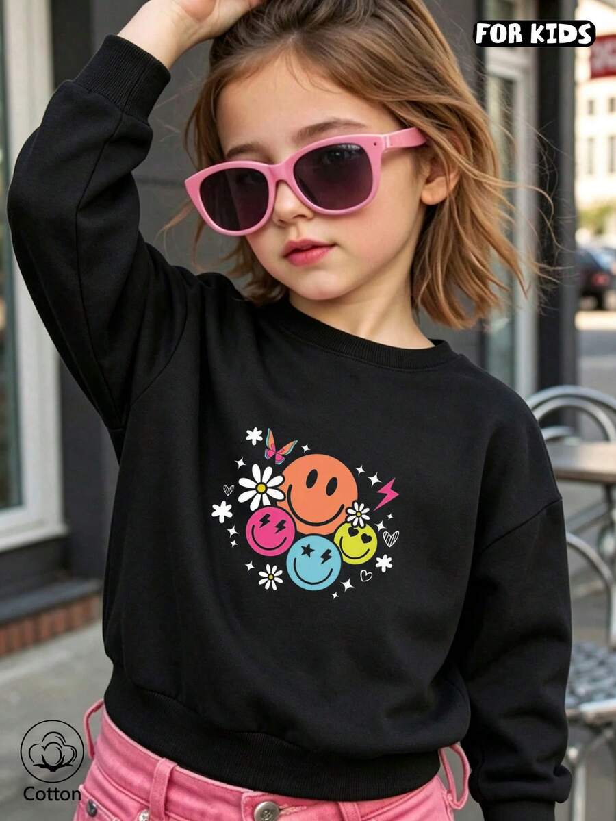 Children's Round Neck Hoodie With Colorful Smiling Faces, Comfortable And Breathable, Suitable For Daily Life In Spring And Autumn. - Black - View 1