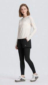CAMEL CROWN Women's Yoga & Pilates Set, Breathable Quick-Dry Long-Sleeve Top & Pants, 2 Pieces Workout Outfit For Yoga & Fitness - Tulip White/Phantom Black - View 4