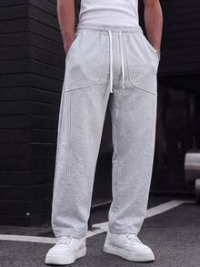 MAISONFOX Men's Light Gray Loose Drawstring Patchwork Pocket Sweatpants, Casual Street Style Joggers, Comfortable Daily Wear Bottoms - Light Grey - View 3