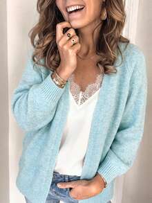 Women's Water Blue Basic Minimalist Knit Cardigan, V-Neck Old Money Style Cardigan, Autumn Outfit, Casual Style Outfit, Basic Style Outfit, Office Outfit. - Blue - View 3