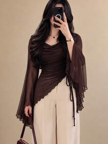 Women's Elegant Brown Sheer Mesh Ruffle Collar Long Sleeve Top With Bell Sleeves, Drawstring Asymmetric Hem And Knot Design, Vintage Autumn Style - Brown - View 2