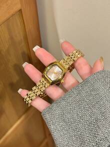 1件女款金色石英手錶，粉色錶盤，精緻混搭刻度，折疊扣，適合日常佩戴 - 金色 - 查看 2