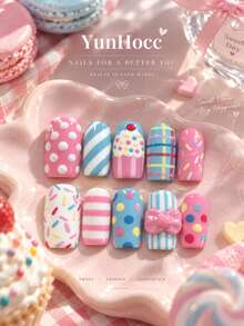 10Pcs Short Square Handmade Reusable Press On Nails, Macaron Candy Style, Hand Painted Cupcake, Polka Dot, Stripe & Plaid Pattern With 3D Pink Bow Decor, Sweet Cute Cartoon False Nail Kit For Party Photoshoot Daily Wear - Multicolor - View 2
