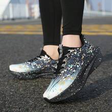 Sepatu Olahraga Pria dan Wanita Ukuran Besar Motif Abstrak Bercak Tinta, Permukaan Rajutan Gradien Pudar, Bertali, Sol Tebal Berkontur, Sepatu Sneaker Cross-Train Bergaya - Hitam - View 7