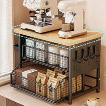 2026 Neuheit Dreistufiger Kaffee Organizer für Küche, Kaffeestation mit Walnuss Echtholzoberfläche, 5 Metall-Schubkörben und seitlichem Tablett, Multifunktionaler Aufbewahrungsständer für Kaffeemaschine, Tassen, Gewürze, Teezubehör - Verschiedenfarbig - Übersicht 9