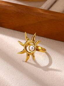 Vintage Brown Natural Stone Sun-Shaped Stainless Steel Ring, Suitable For Women, Mothers And Best Friends, Exaggerated Gold Wedding, Party And Holiday Matching Jewelry, Unusual Gift - Multicolor - View 8