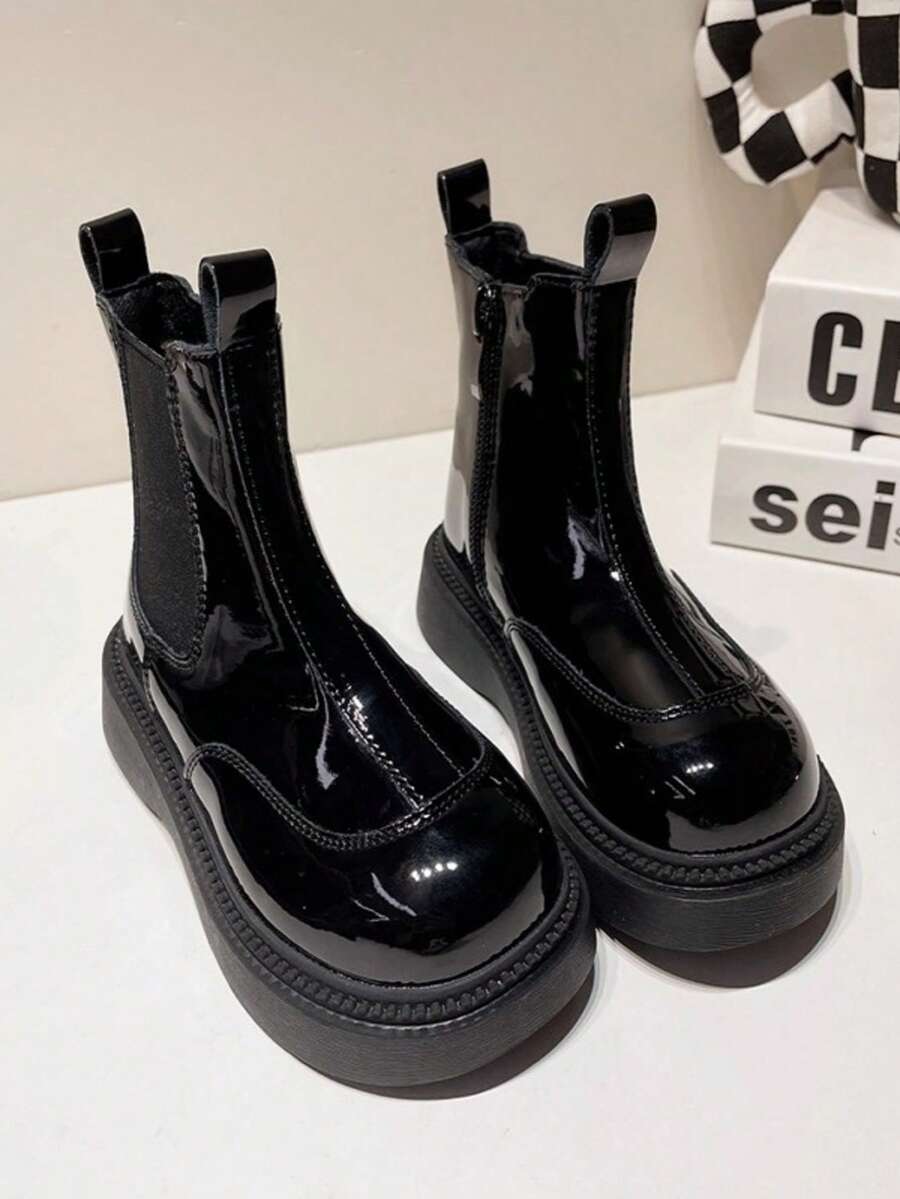 Toddler Shiny Chelsea Ankle Boots, Elastic Side Zipper, Thick Sole, Anti-Slip, Simple Fashion Boots - Black - View 1