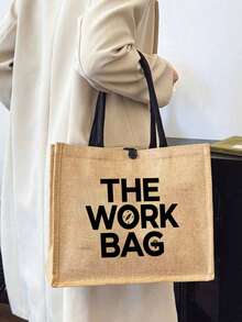大容量工作托特包套組，黑色字母「THE WORK BAG」，多功能收納包，極簡風格專業女性托特包，休閒日常與商務旅行包，新工作祝賀禮物，獨特聖誕禮物，亞麻手柄托特包與手提帶化妝包，旅行、度假、野餐、超市購物、日常攜帶，生日禮物，返校季，女性時尚帆布拉鍊手提包－優質購物選擇 - 彩色 - 查看 13