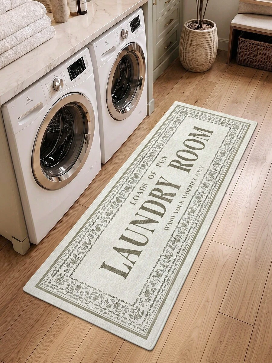 DAJIANG 1pc Modern Laundry Room Mat, Soft Striped Carpet, Kitchen Mat, Hallway Rug, Doormat, Machine Washable, Dust-Proof Letter Rug, Easy To Clean, Non-Slip Bottom, Autumn Home Decor, Holiday Christmas Winter