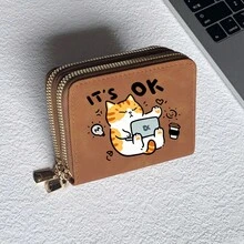 Cat Print Card Holder, Lightweight Fashionable Women's Wallet, Suitable For Daily Use, Double Zipper Mini Wallet/Coin Purse/Card Holder - Multicolor - View 24