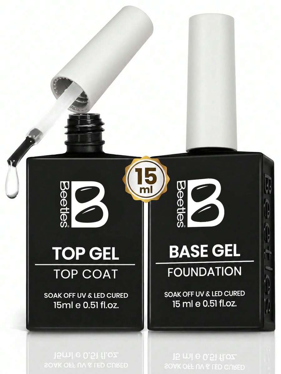 Beetles 2件組 15ML 凝膠底膠與免擦封層膠,高光澤透明飾面,可浸泡卸除 UV LED 凝膠指甲油,適合居家美甲與美甲藝術 - 2入 15ML 凝膠底膠與免洗封層套裝 - 查看 1