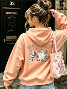 Autumn Loose-Fit Melon Orange Hooded Sweatshirt For Girls, Cute Cartoon Style, Fan And Cat Pattern, Letter Print - Hami Melon Orange - View 10