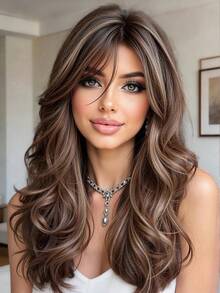 18 Inch Long Wavy Wig, Brown And Gold Highlights, Breathable Mesh Cap, Heat-Resistant Synthetic Fiber Wig, Suitable For Daily Commute, Halloween And Christmas Parties - Multicolor - View 3