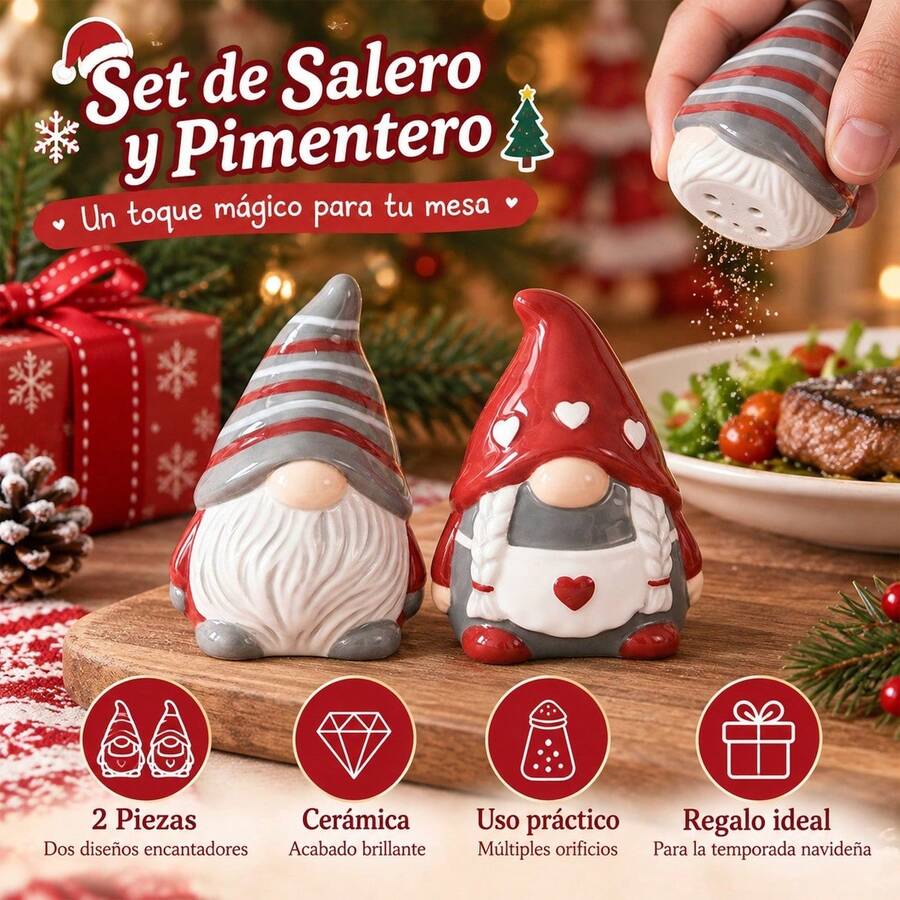 Ceramic Gnome Salt And Pepper Shaker Set, Decorative Christmas Spice Dispensers For Dining Table And Kitchen, 2-Piece Set, 6.1x5.5x8.5cm - Multicolor - View 1