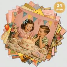 24 Lembar Kertas Scrapbook Vintage Bertema Ulang Tahun Anak-Anak, Kertas Latar Belakang Kado Pesta Kue Anak-Anak Nostalgia Ukuran 6 Inci, Tanpa Pola Berulang, Cocok untuk Bullet Journal, Junk Journal, Latar Belakang Kartu Ucapan, Album Foto, dan Kerajinan Tangan DIY - Square - View 9