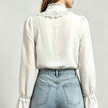 Women's White Floral Lace Ruffle Collar Blouse, Puff Flare Long Sleeve Button Front Vintage Elegant Casual Commute Top, Autumn Layering - White - View 7