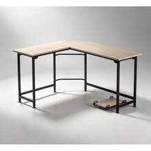 Escritorio en L de esquina para home office, mesa de trabajo con marco de acero robusto, soporta hasta 400 libras, incluye soporte para CPU, acabado color roble claro - Caqui - Ver 1