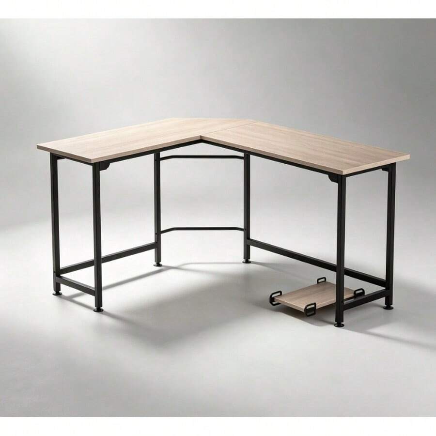 Escritorio en L de esquina para home office, mesa de trabajo con marco de acero robusto, soporta hasta 400 libras, incluye soporte para CPU, acabado color roble claro - Caqui - Ver 1
