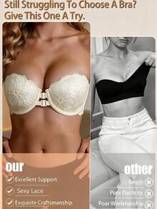 Strapless Lace Spliced Front-Clasp Lace Underwire Bra Women Floral Push-Up Bras Non-Slip Invisible Backless Top Suitable For Daily Wear And Weddings - Beige - View 4