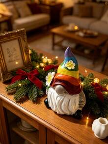 Halloween Desktop Decoration, Resin Rainbow Statue, Cute Faceless Statue With Rainbow Hat And Flowers, Home Dining Table Decoration Desktop Decoration, Holiday Party Center Gift - Rainbow Santa Claus - View 1