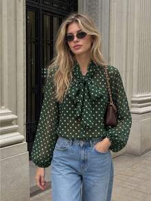 MUMRAP Women's Fashion Spring Casual Bowknot Polka Dot Loose Fit Elegant Long Sleeve Blouse - Dark Green - View 3