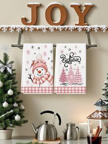 2 Pcs Pink Snowman Cardinal Bird Pink Christmas Trees Snowflakes Kitchen Towels Christmas Farmhouse Dish Towels Can Be Used In Kitchen Drying Hand Towels Tea Towels Suitable For Farmhouse Kitchen Home Indoor Dish Drying - Pink - View 1