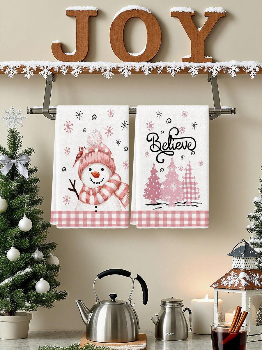 2 Pcs Pink Snowman Cardinal Bird Pink Christmas Trees Snowflakes Kitchen Towels Christmas Farmhouse Dish Towels Can Be Used In Kitchen Drying Hand Towels Tea Towels Suitable For Farmhouse Kitchen Home Indoor Dish Drying - Pink - View 1