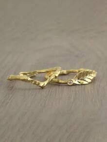 1pc 18K Gold Plated French Vintage Leaf Zirconia Ring, French Style Women's Ring, Suitable For Daily Wear, Party, Holiday Gift - Yellow Gold - View 4