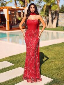 Women's Red Glitter Mermaid Evening Gown, Strapless Long Dress With Boned Design, Perfect For Prom And Formal Occasions - Red - View 1