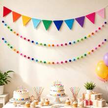 1 Set Rainbow Felt Banner With Pom Poms And Flower Balls, Felt Triangle Flags Party Decoration Hanging Banner, Suitable For Garden, Office, Classroom Wall Hanging, Birthday Home Party Decoration Colorful Flags - View 2