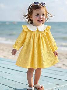 Baby Girl's Princess Style Yellow 3D Floral Jacquard Dress, French Sweet Contrast Color Ruffle Collar Long Sleeve Dress, Autumn/Spring - Yellow - View 2