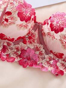 2pcs/Set Women's Black & Red Gothic Style Comfortable Breathable Embroidered Floral Lingerie Set, Christmas And Halloween Gift - Burgundy - View 4