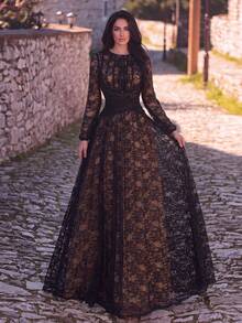 Gaun Malam Lengan Panjang Berenda Hitam yang Menawan, Desain Leher Perahu, Detail Lipit, Hem Mengembang, Cocok untuk Acara Formal - Hitam - View 5