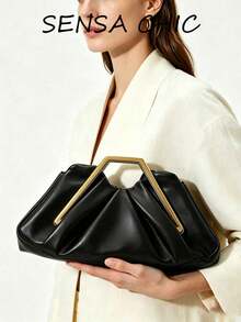Light Luxury Ruched Clutch Bag With Geometric Metal Frame Handle, Natural Gathered Body With Smooth Fluid Silhouette, Compact Design For Carrying Personal Essentials, Suitable For Evening Parties And Dates, Creating An Elegant And Sophisticated Outfit Vibe - Black - View 8