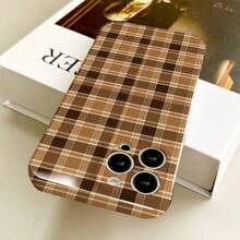 1pc Vintage Brown Coffee Earth Tone Plaid Film Phone Case, Autumn/Winter British Style Matte Texture Precise Cut Full Coverage Anti-Scratch Hard Protective Shell, Compatible With IPhone17/17Pro/17ProMax/16/16Plus/16ProMax/16e/15ProMax/11/12/12Pro/12ProMax/13/13Pro/13ProMax/14/14Pro/14ProMax - Film-fine Hole - View 3